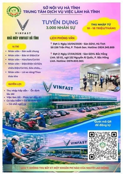 Trung tâm Dịch vụ việc làm Hà Tĩnh phối hợp với Công ty Cổ phần Sản xuất và Kinh doanh VinFast tổ chức tuyển dụng lao động