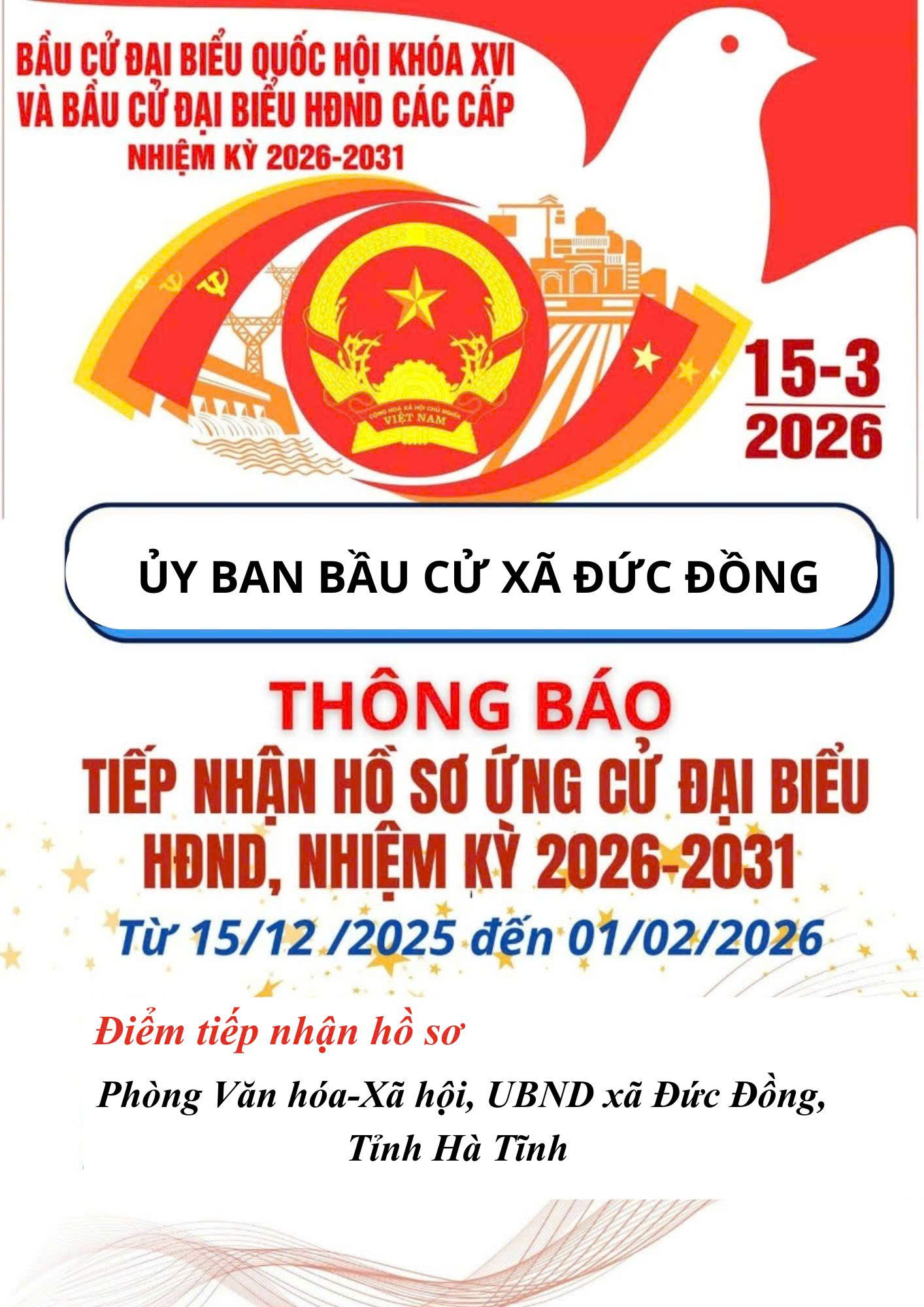 Ủy ban bầu cử xã Đức Đồng thông báo thời gian, địa điểm tiếp nhận hồ sơ ứng cử đại biểu Hội đồng nhân dân xã Đức Đồng nhiệm kỳ 2026 – 2031 